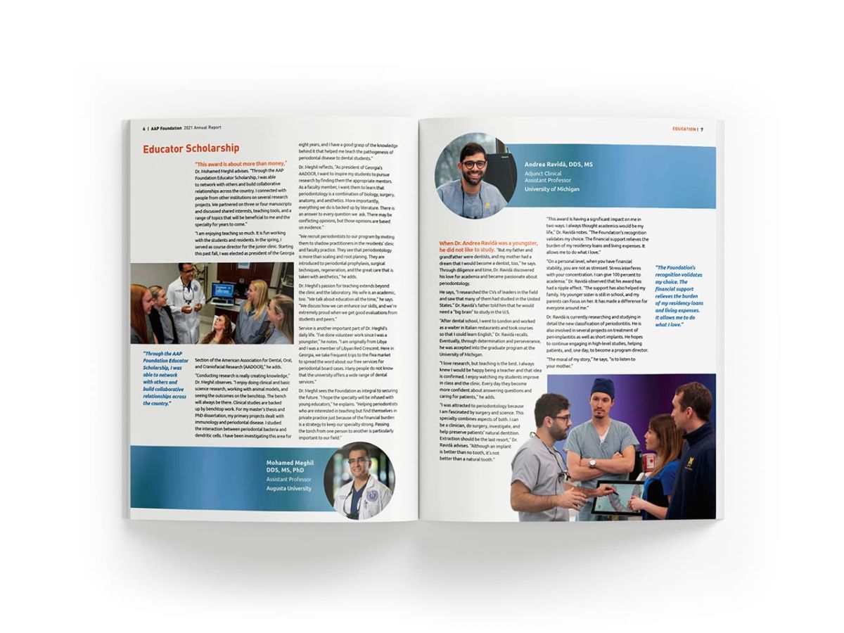 Mock up of the annual report opened to a page about education scholarship