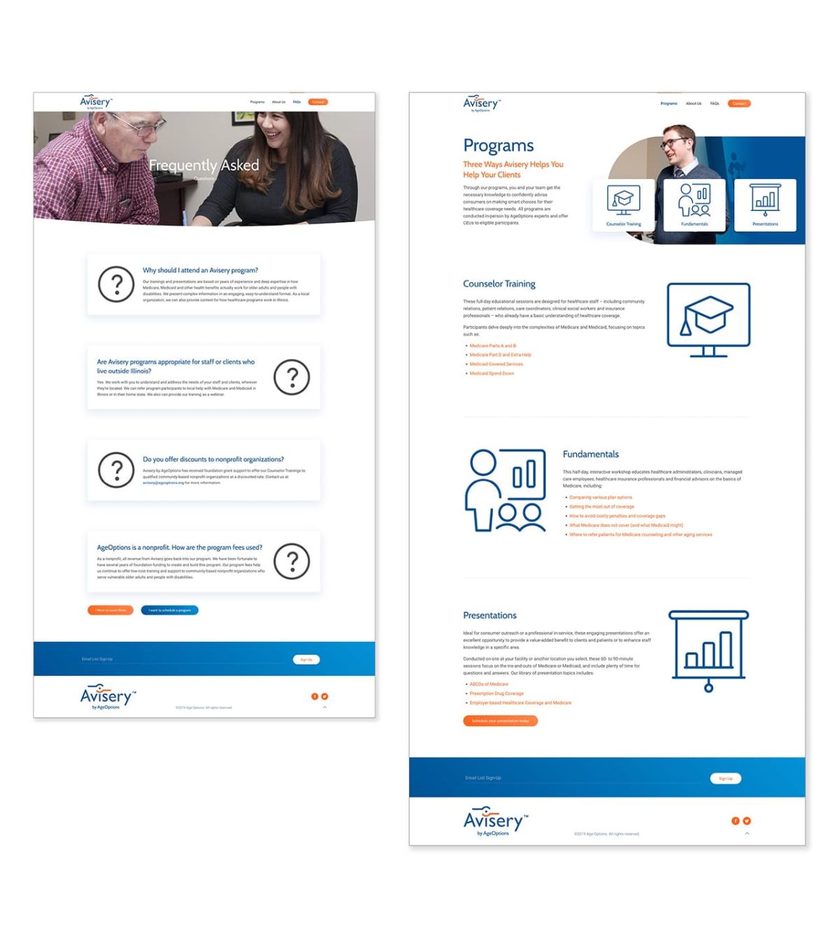 a side by side view of a full length view of a page on the advisory website