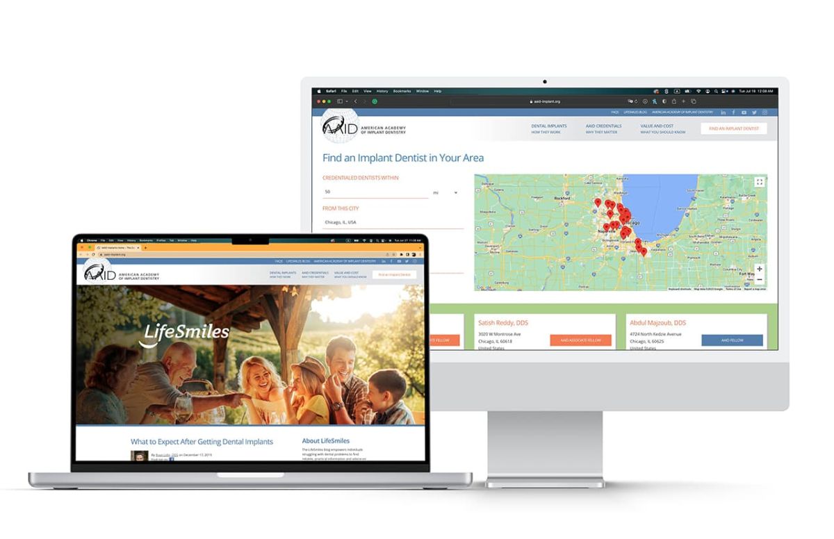 a mock up of a laptop and an iMac showcasing two different pages of the AAID website redesign