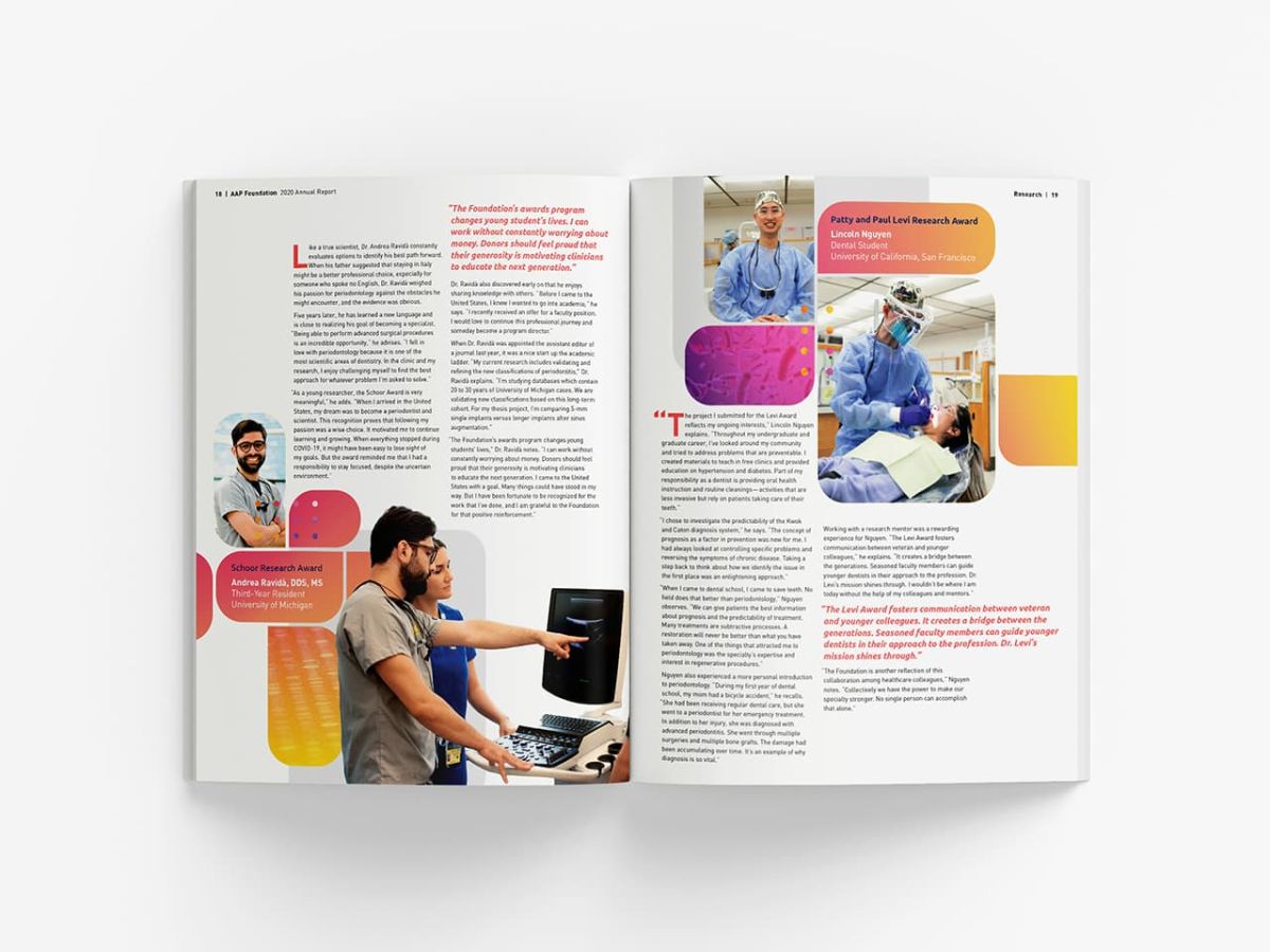 a copy of the annual report open to pages with lots of copy