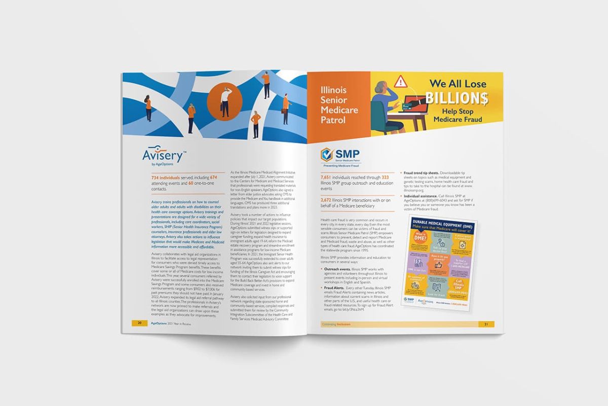 an open copy of the 2021 year in review print marketing portfolio piece