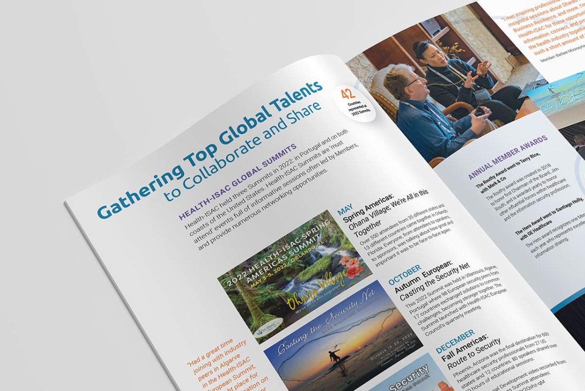 A zoomed mock up of an open annual report