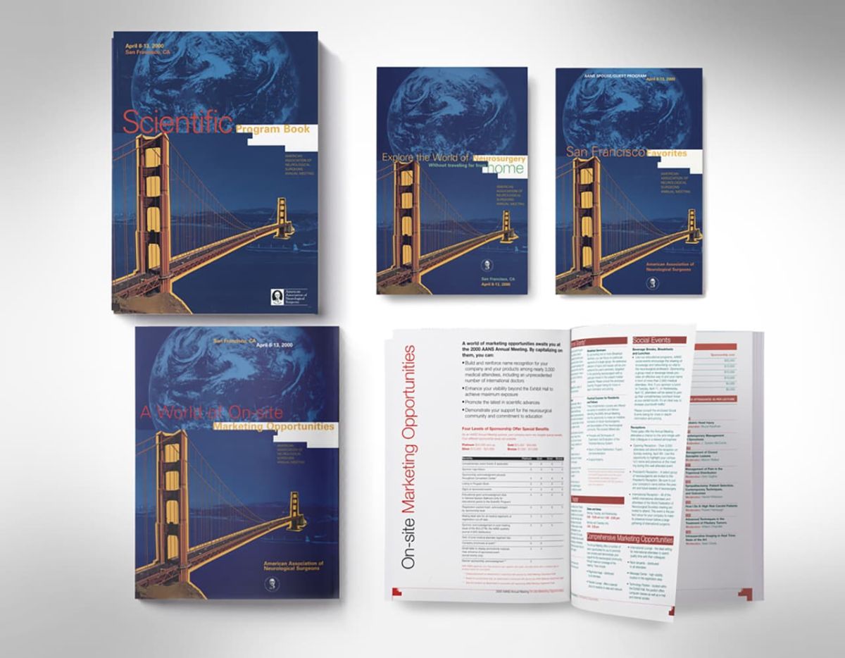 A view of five marketing materials in different orientations