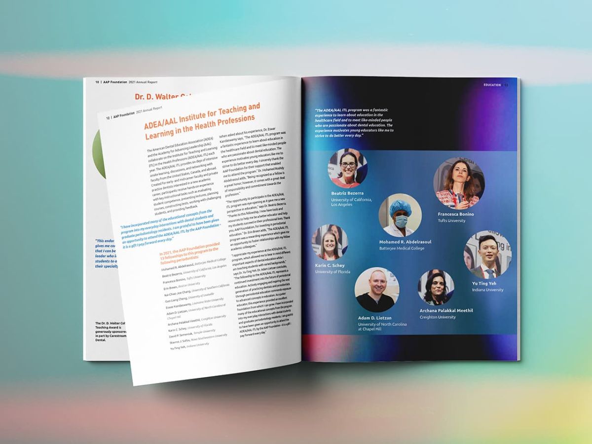 Mock up of the annual report opened to a page about the ADEA/AAL Institute