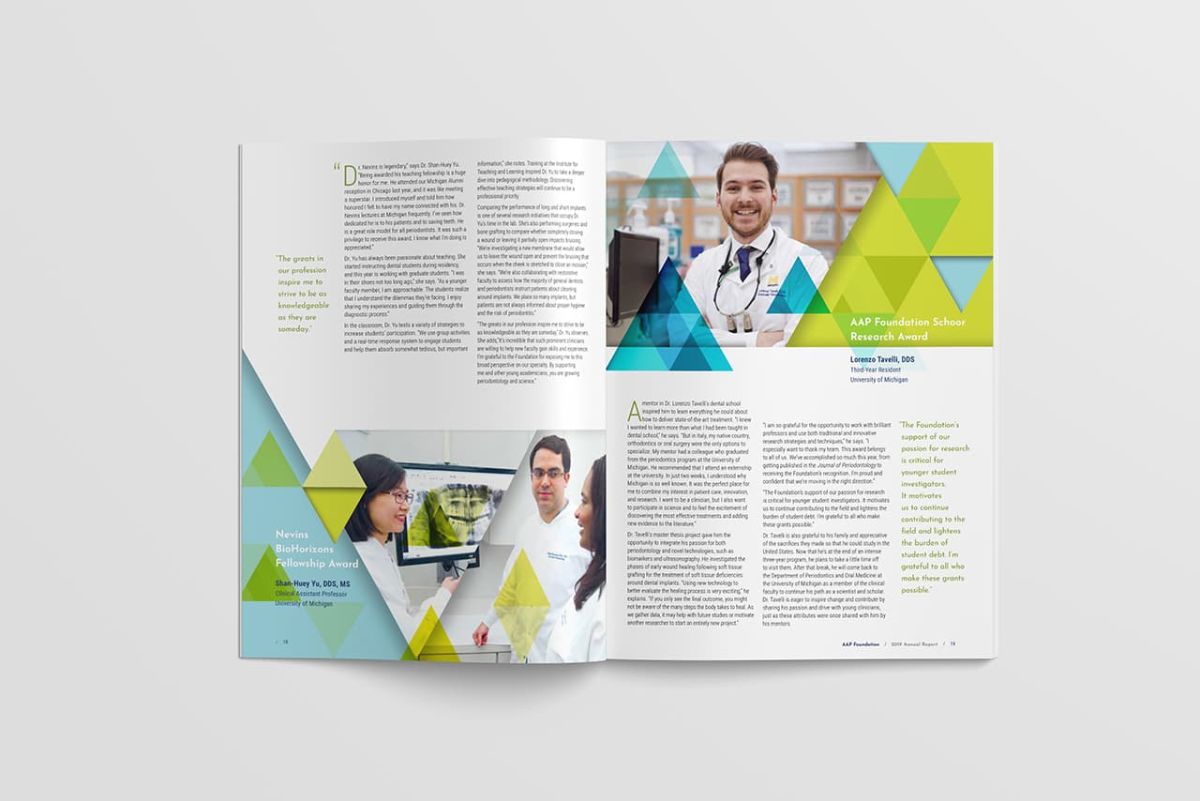 an open copy of the annual report featuring a vibrant design