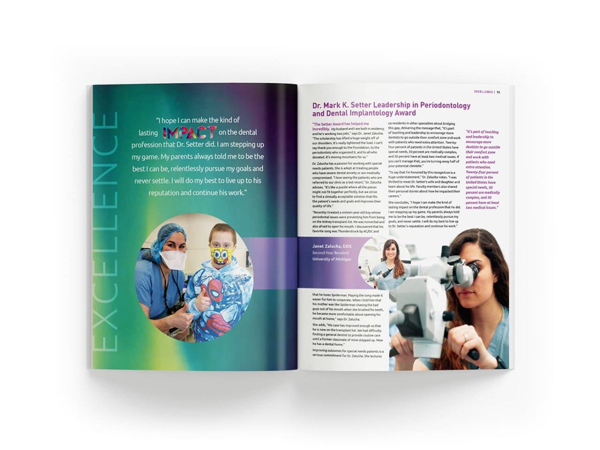 Mock up of the annual report opened to a page about Dr. Mark K Setter