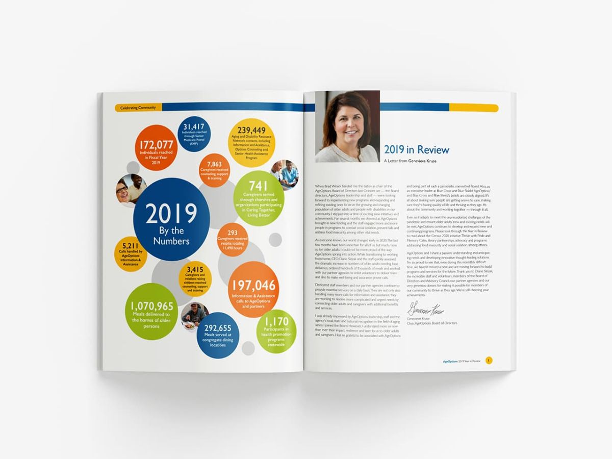 an open copy of the 2019 year in review showing NeigerDesign's print making design