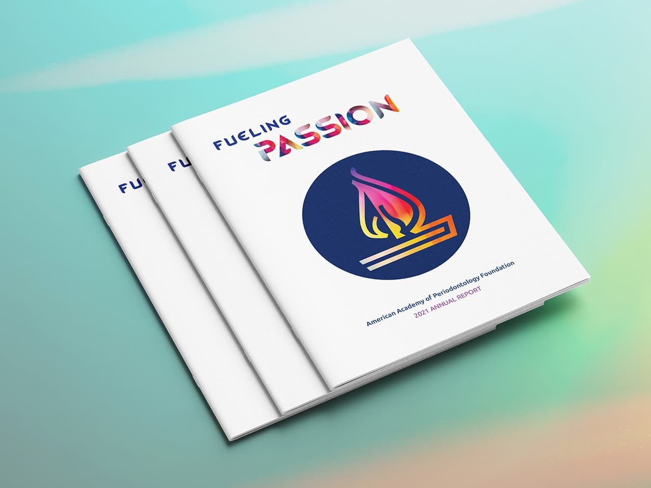 three stacked copies of the annual report showcasing neigerdesign's innovative integrated designs