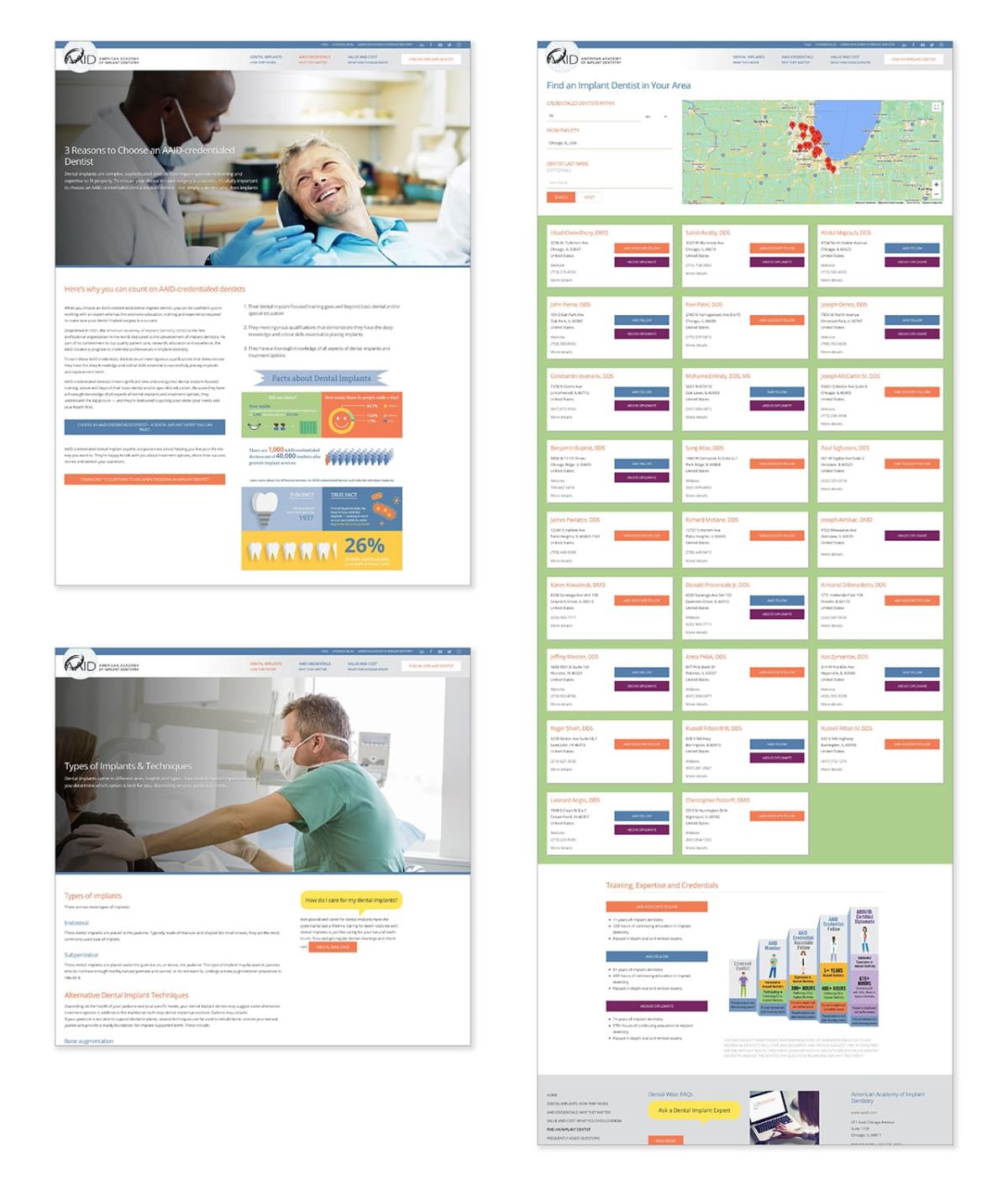 three screenshots of different pages on the AAID site showcasing  neiger design's website development skill