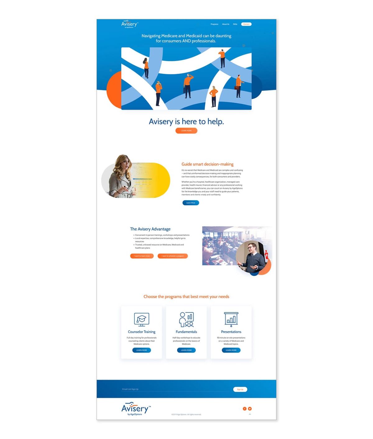 A full length view of the advisory website redesign homepage