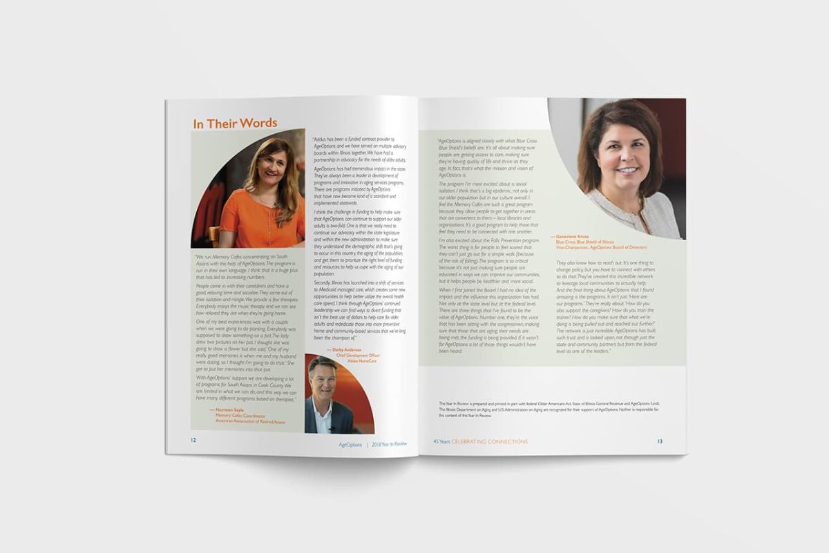 an opened copy of the 2018 year in review piece that shows print marketing experience