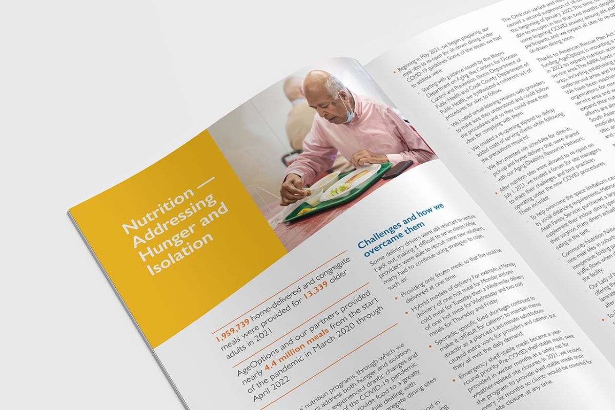 an opened copy of the 2021 year in review piece that shows print marketing experience