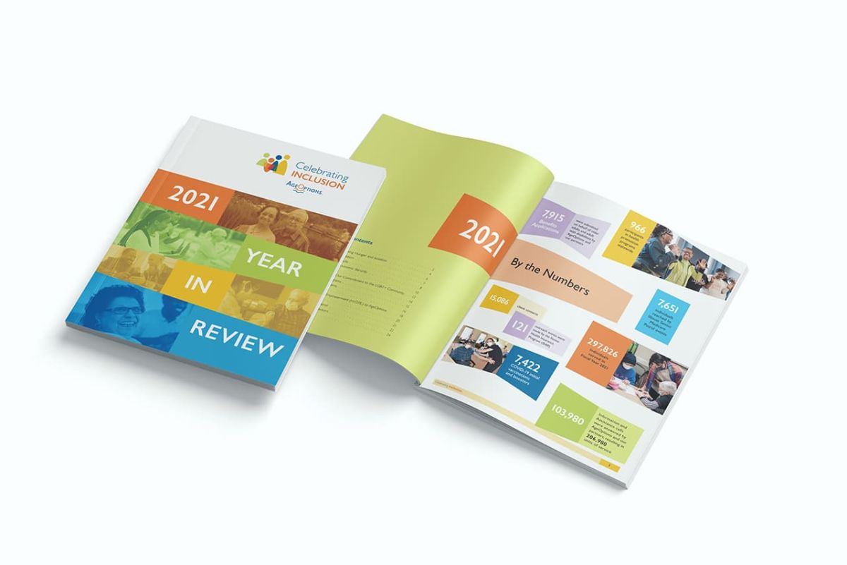 two copies of the 2021 year in review one open and one closed showcasing NeigerDesign's print marketing pieces
