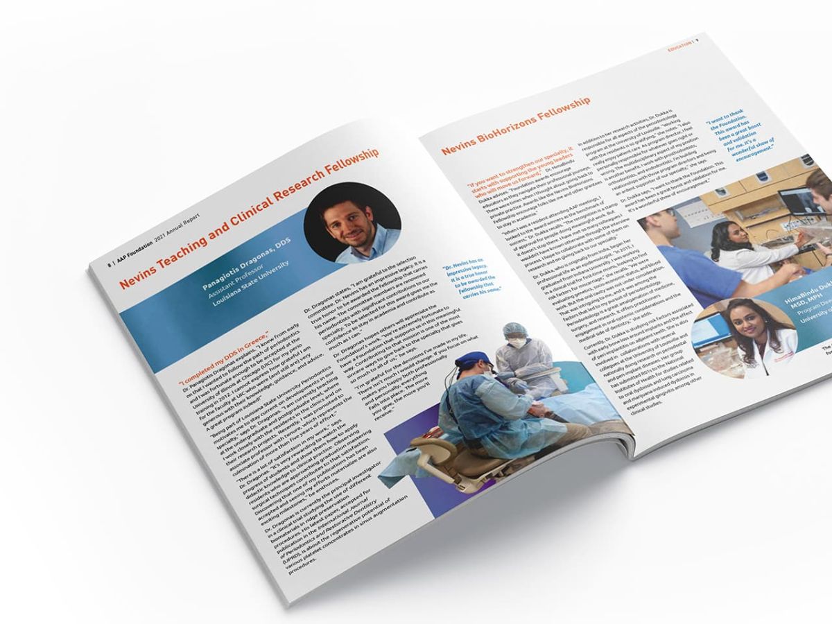 Mock up of the annual report opened to a page about clinical research