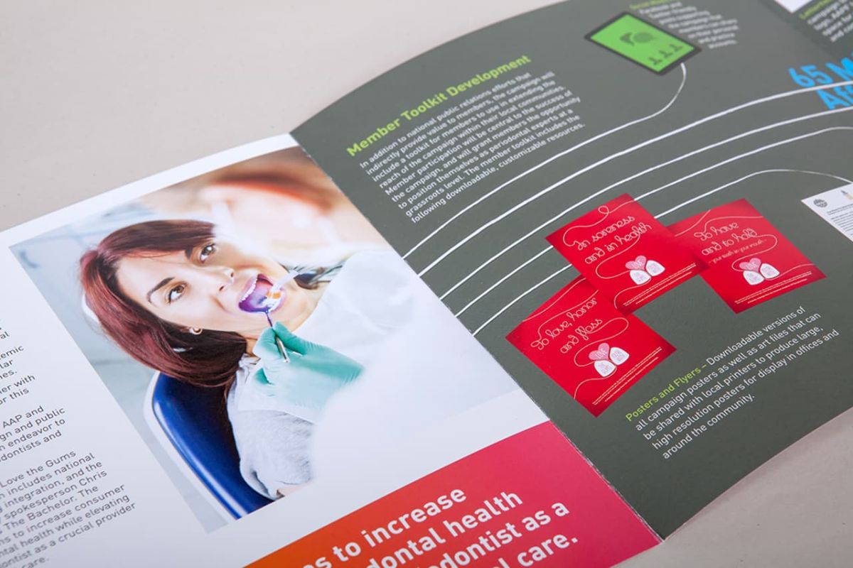 an open copy of the campaign document featuring images of dentist and informative graphics
