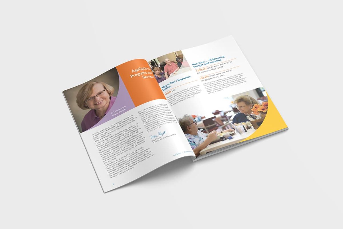 an opened copy of the print marketing 2018 year in review piece